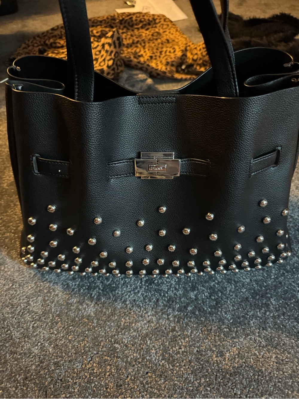 Dkny Black Studded Tote with Silver-Tone Hardware